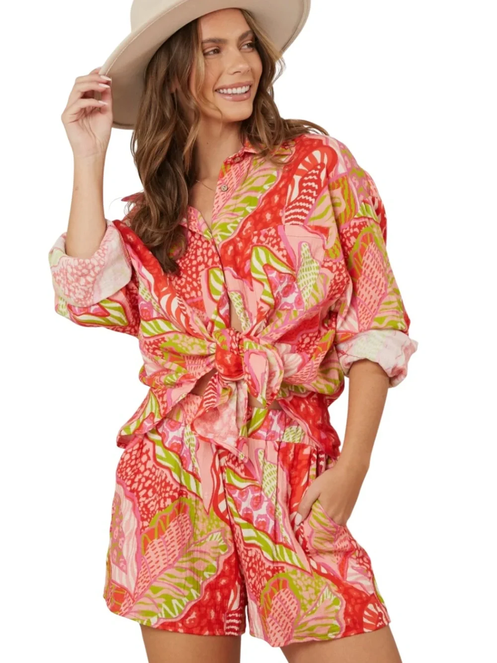 Peach Love SAY ALOHA RED TROPICAL GAUZE SHIRT/SHORTS SET